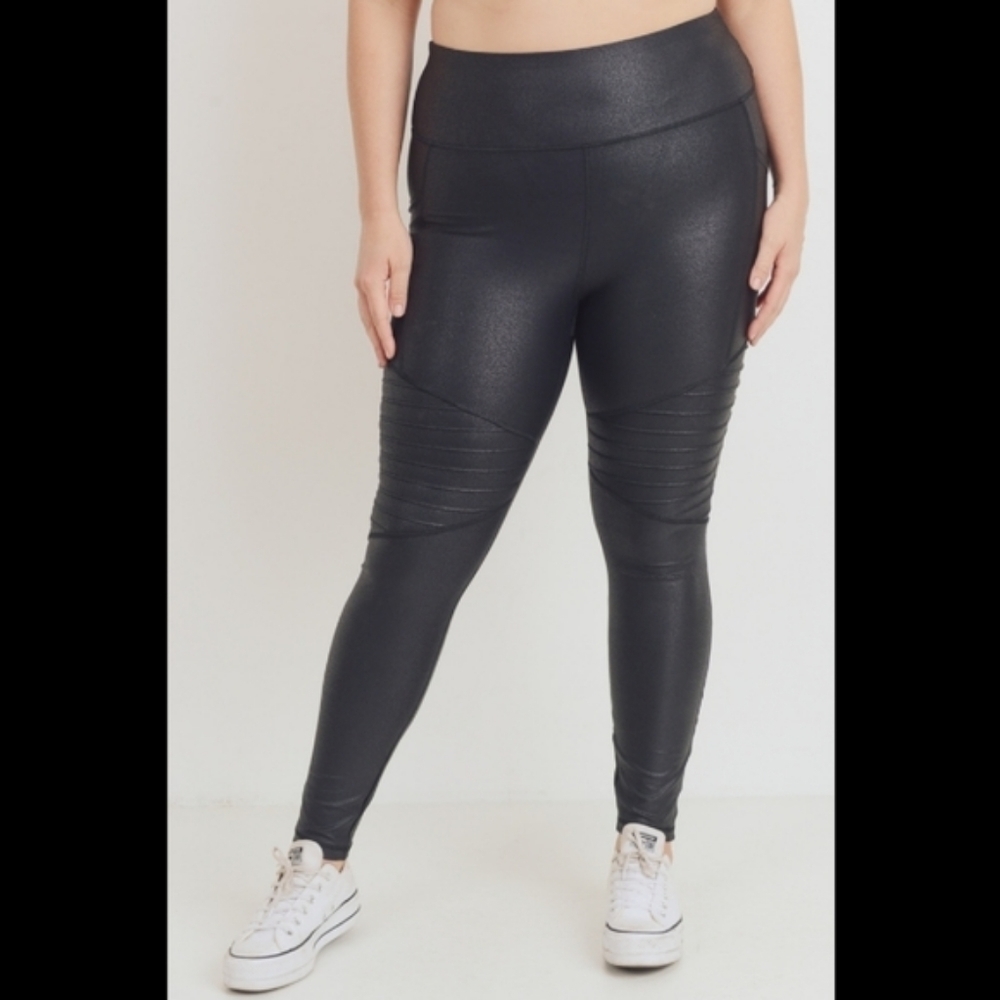 Foil moto black high waisted leggings plus size